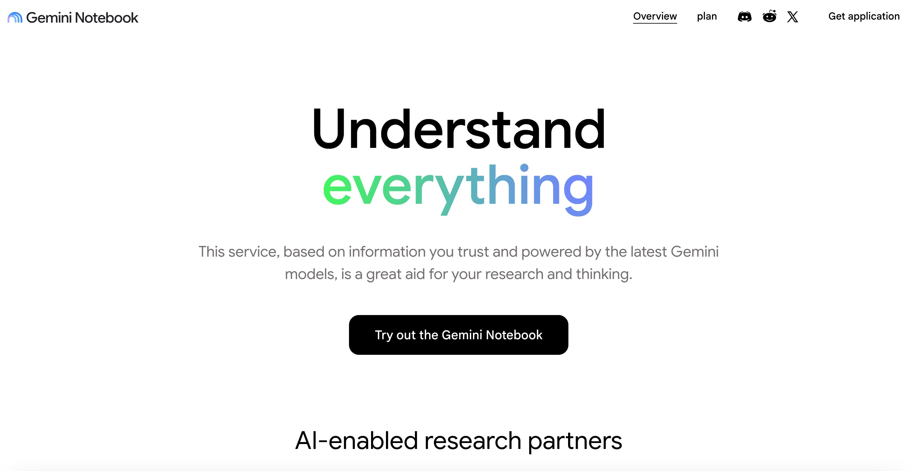 The Gemini Notebook homepage, the product formerly branded NotebookLM: Understand everything, a research aid grounded in sources you trust and powered by Gemini models
