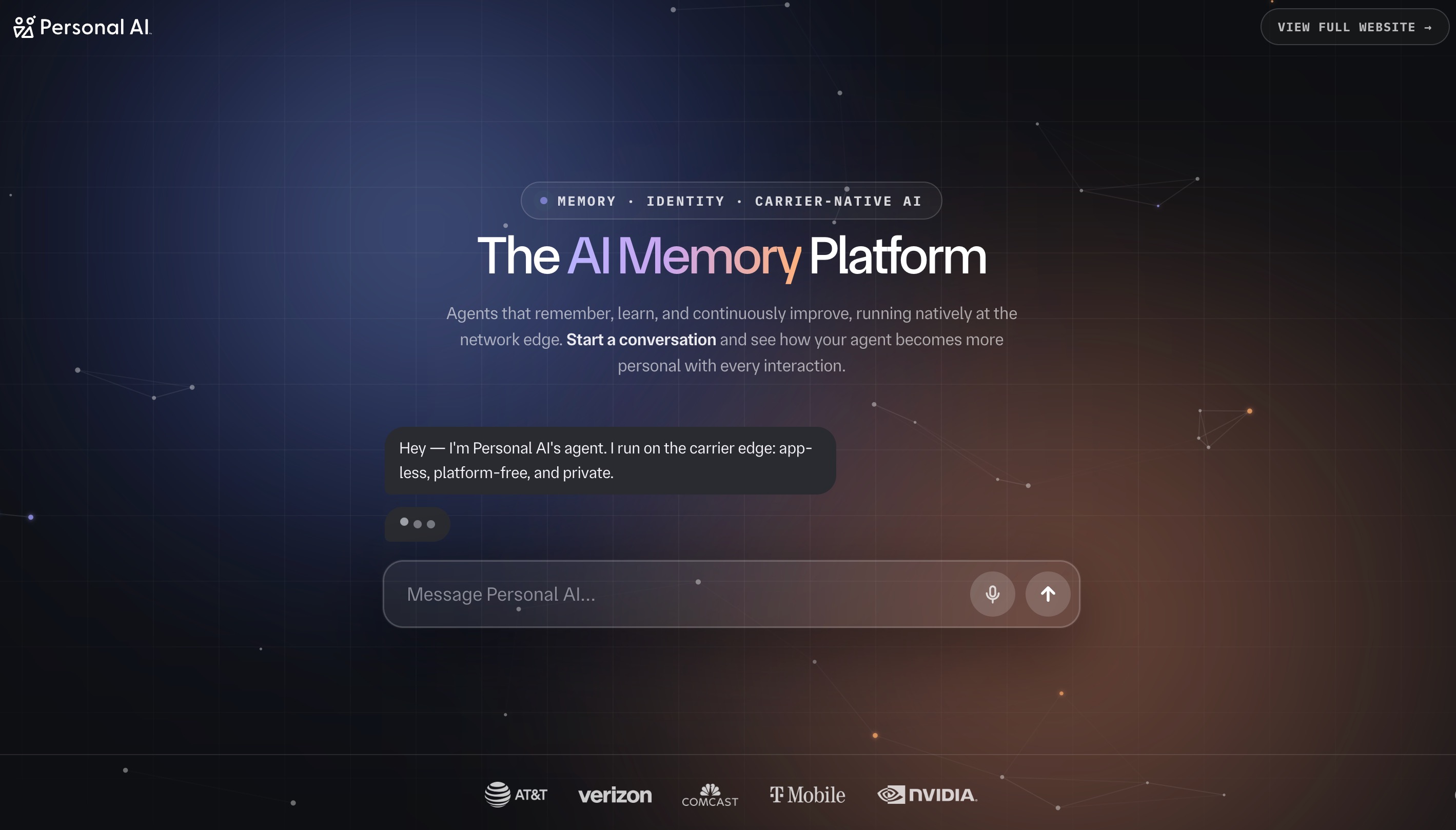 The Personal AI homepage: the AI memory platform, with agents that remember and keep improving while running natively at the carrier network edge