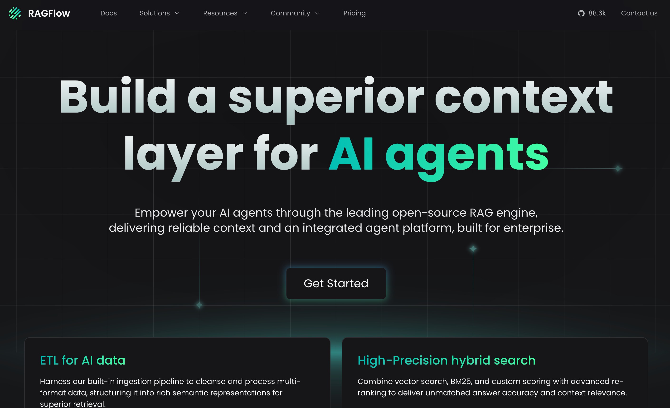 RAGFlow homepage presenting an open-source RAG engine as a context layer for AI agents