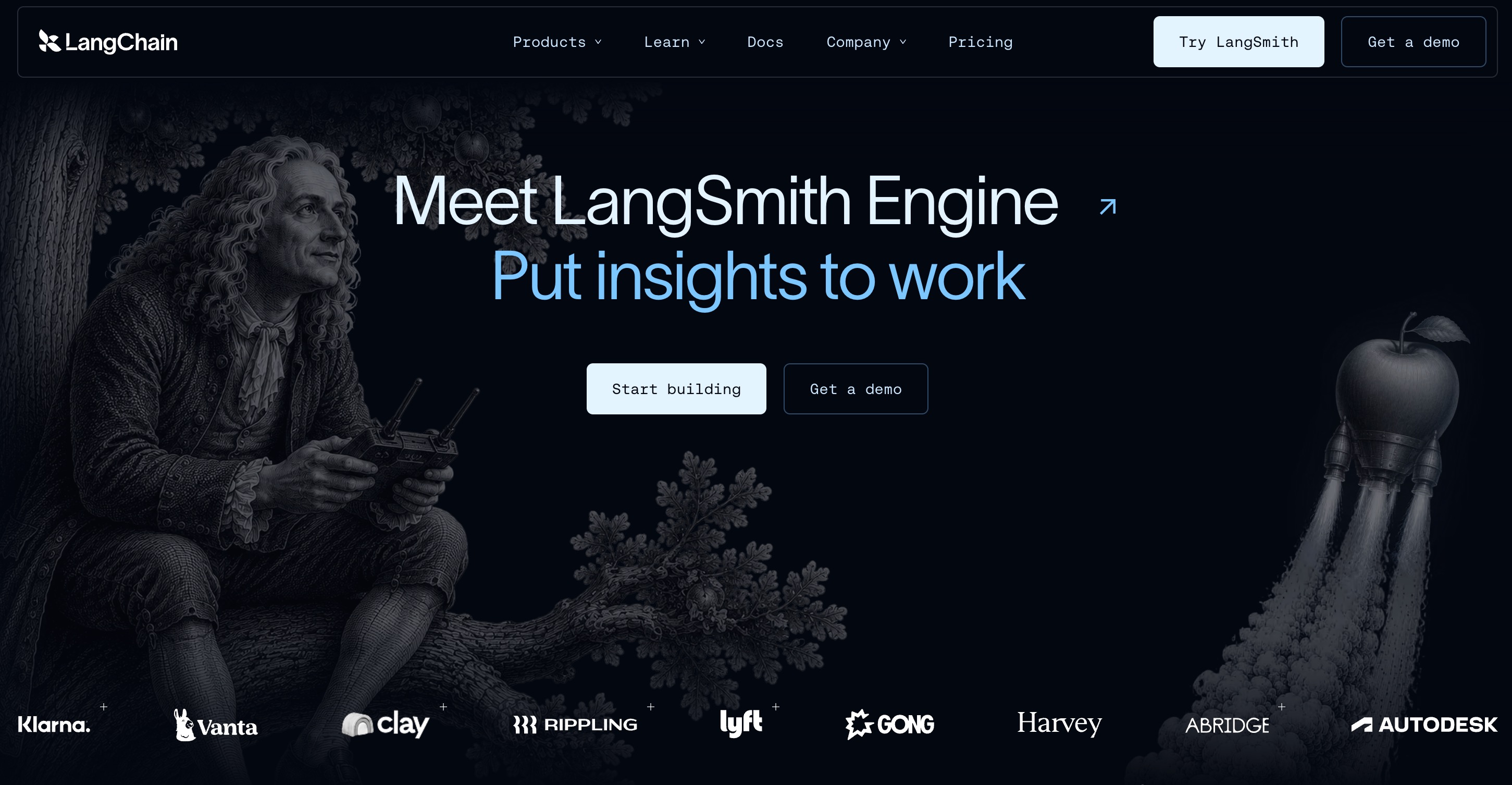 The LangChain homepage announcing LangSmith Engine, put insights to work