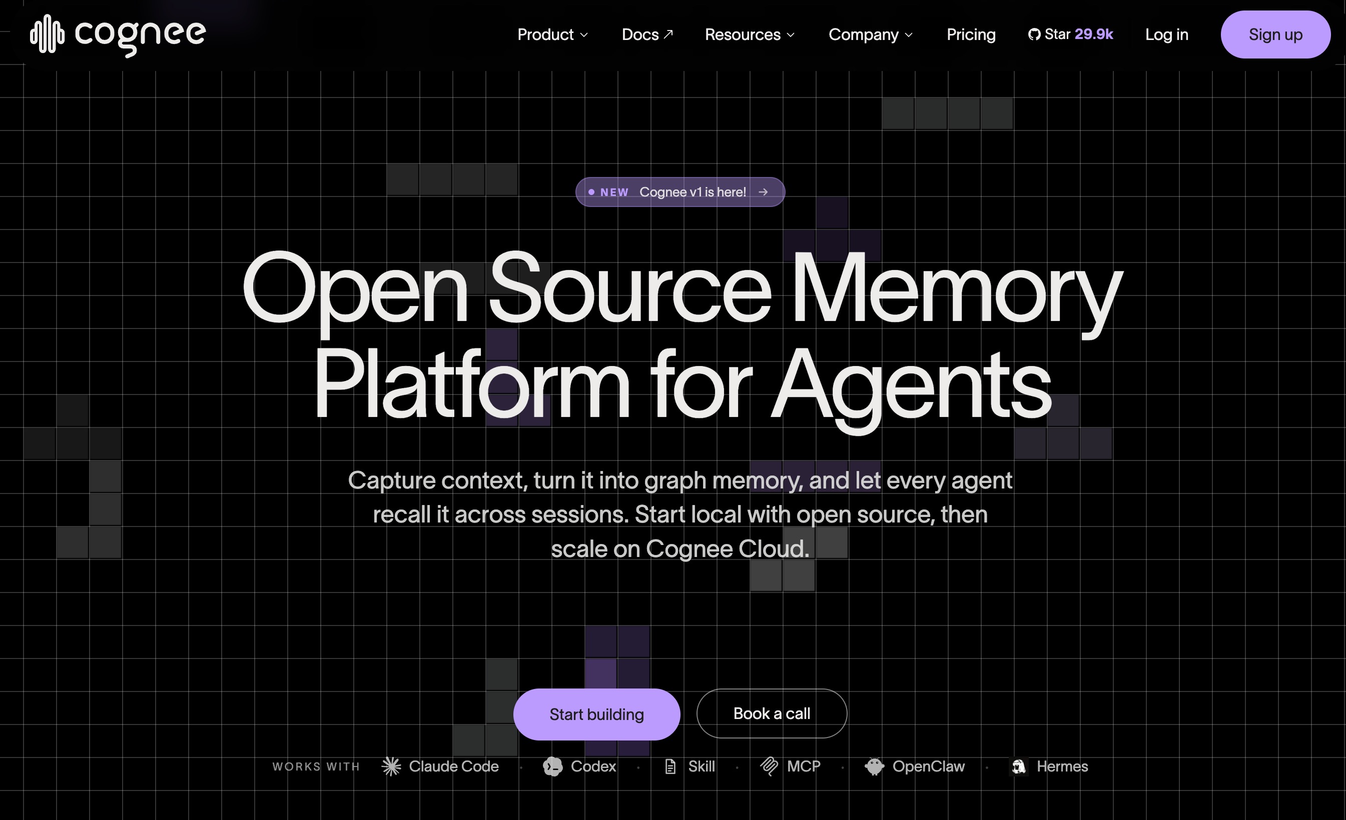 The Cognee homepage with the headline Open Source Memory Platform for Agents on a dark grid background, listing the coding agents it works with