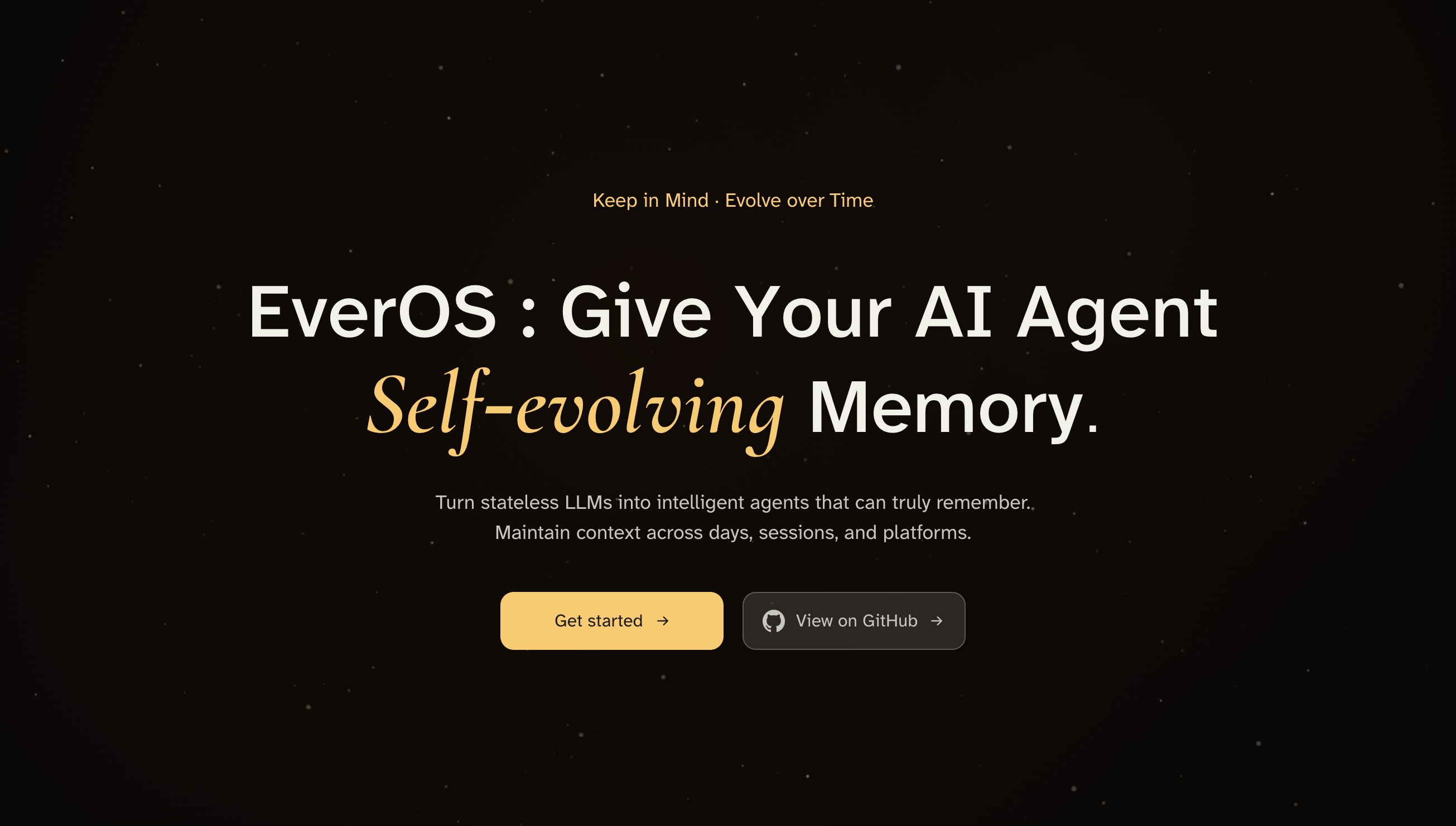 The Evermind homepage with the headline EverOS, Give Your AI Agent Self-evolving Memory, on a dark starfield with Get started and GitHub buttons