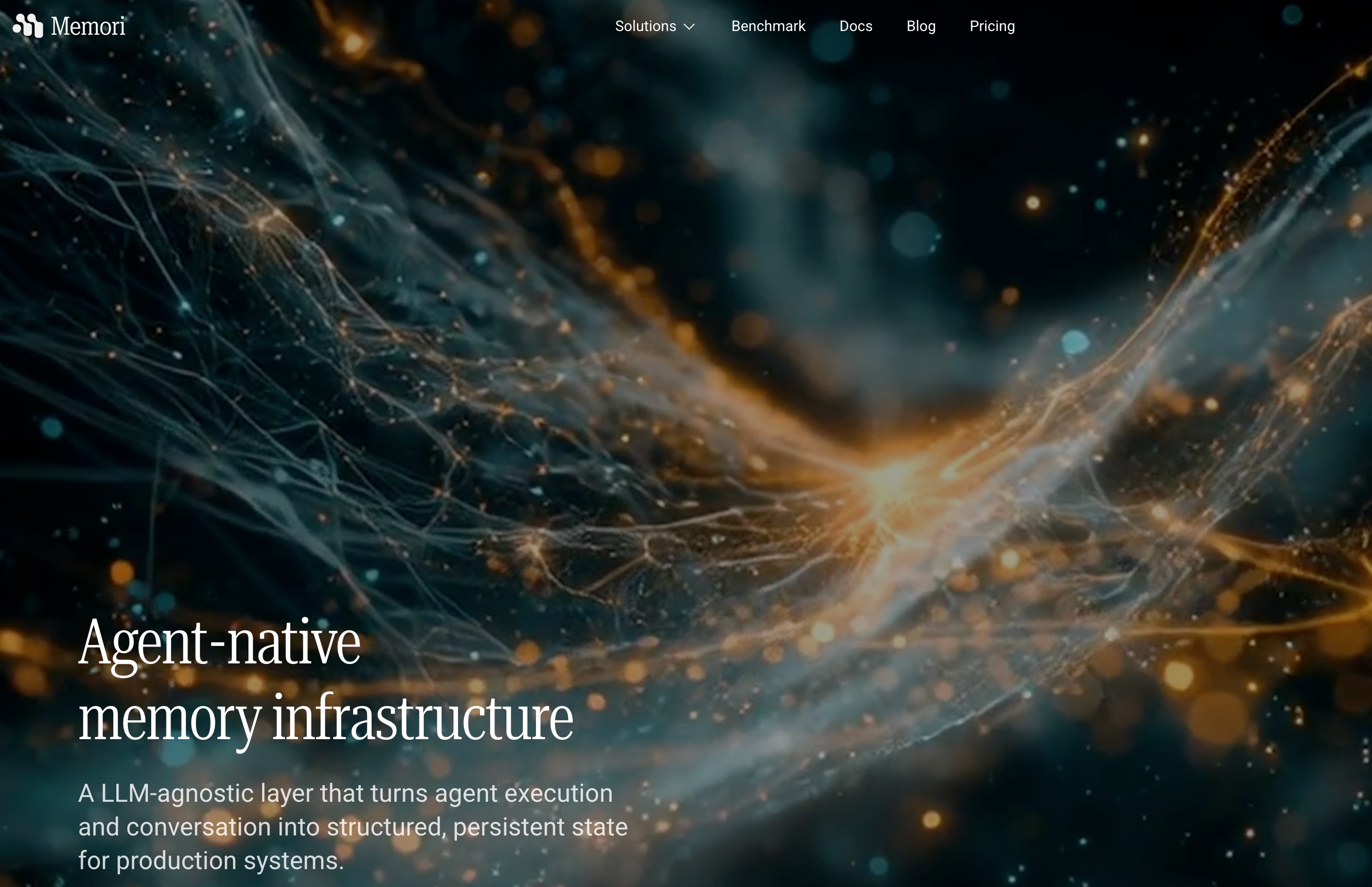 The Memori homepage with the headline Agent-native memory infrastructure over a dark neural-network illustration, offering structured persistent state