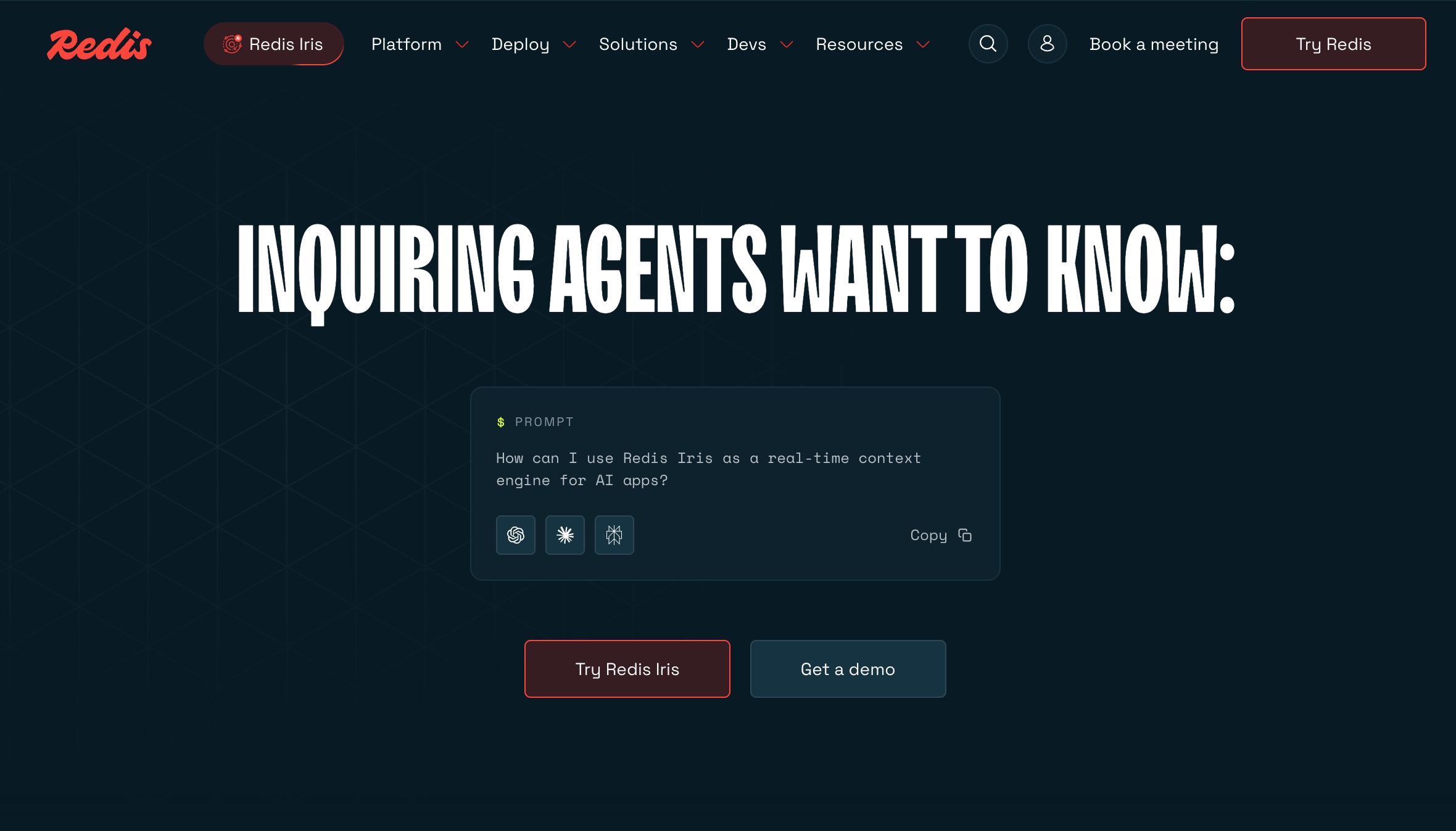The Redis homepage promoting Redis Iris as a real-time context engine for AI apps, with a sample prompt and Try Redis Iris button