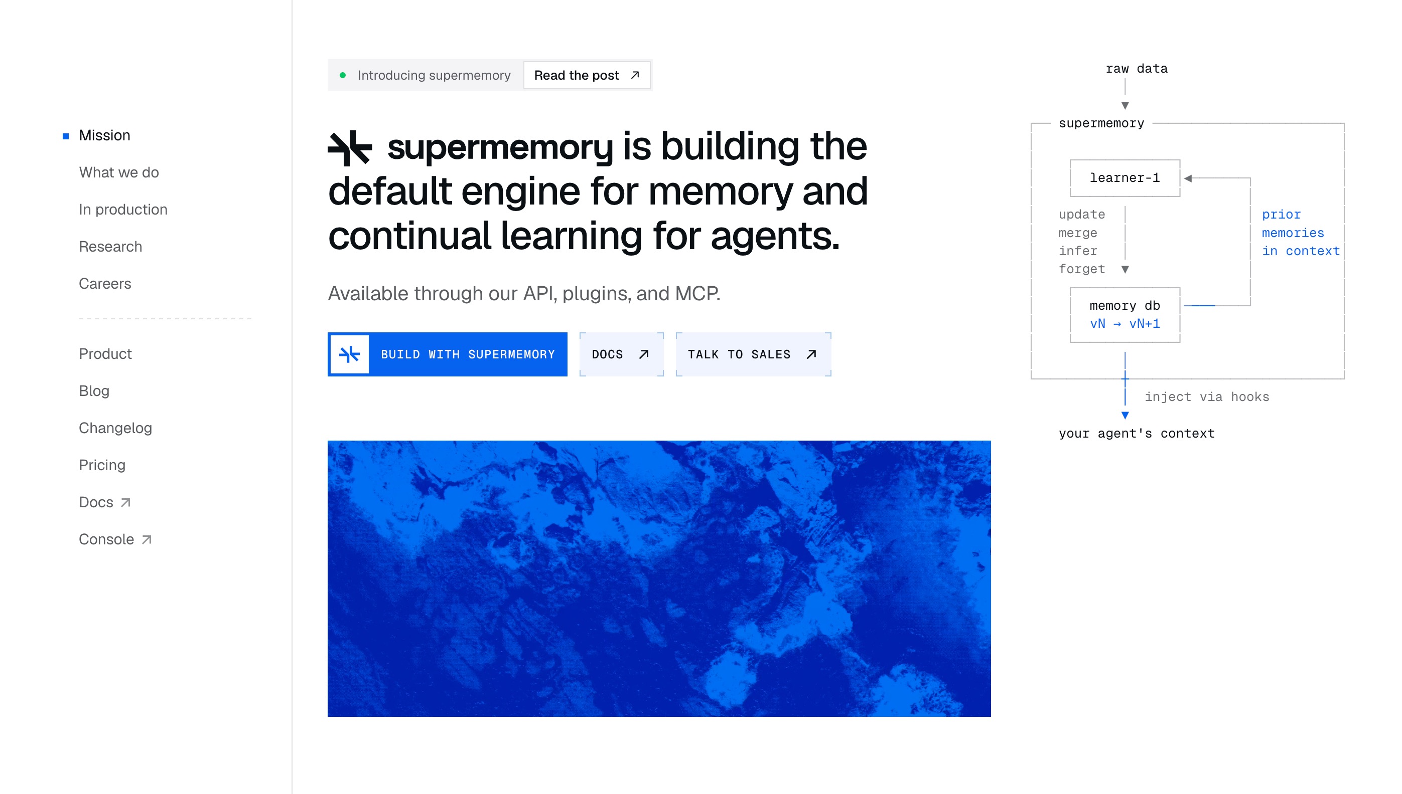The Supermemory mission page describing a default engine for memory and continual learning, with a diagram of raw data flowing into an agent context