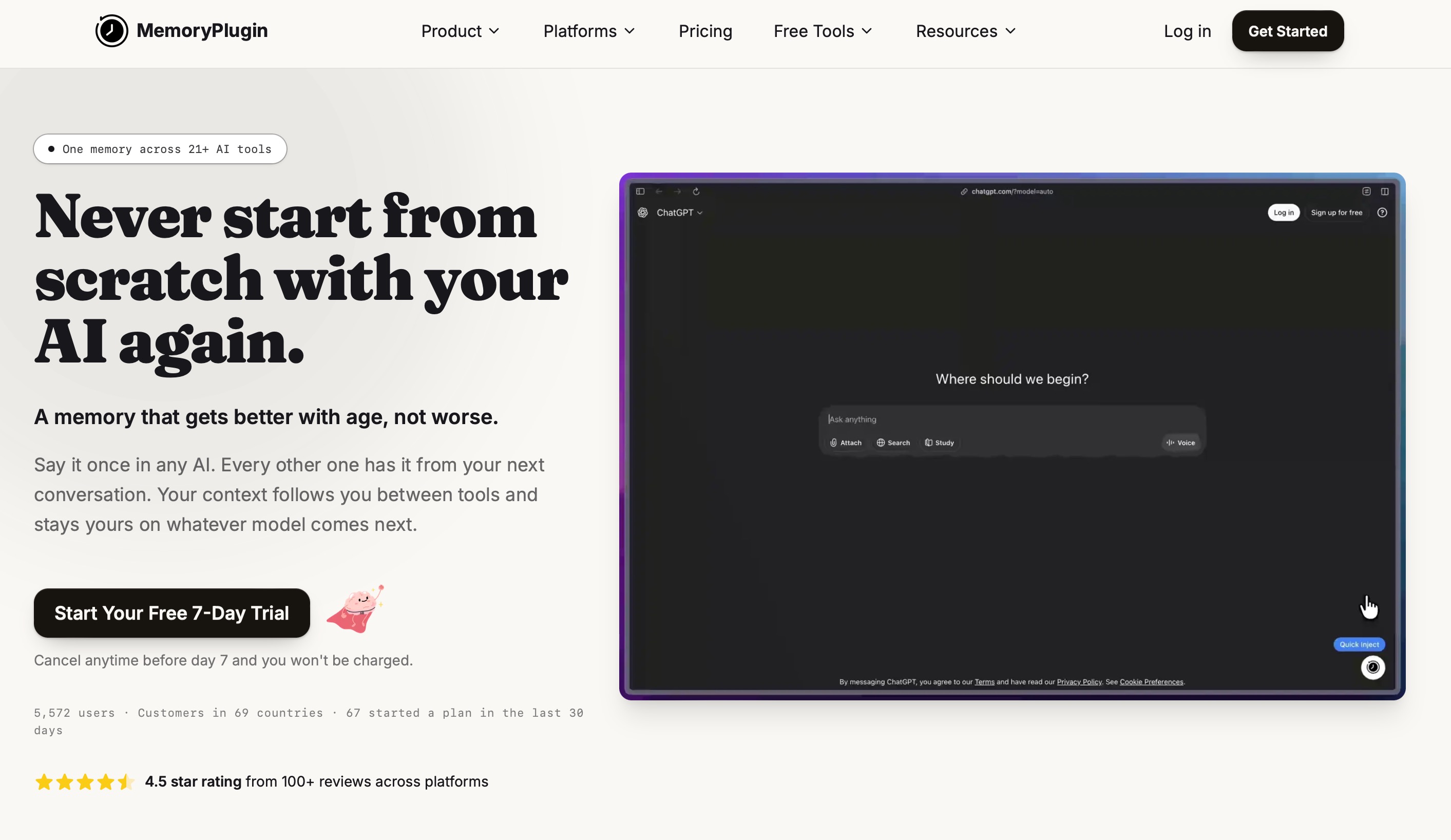 The MemoryPlugin homepage: one memory across 21+ AI tools, shown carrying your context into a ChatGPT session