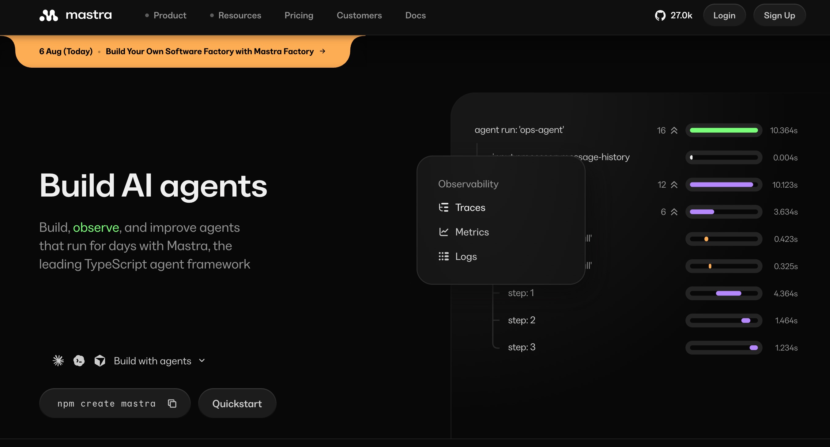 The Mastra homepage: build, observe and improve AI agents in TypeScript, with a trace timeline of an agent run