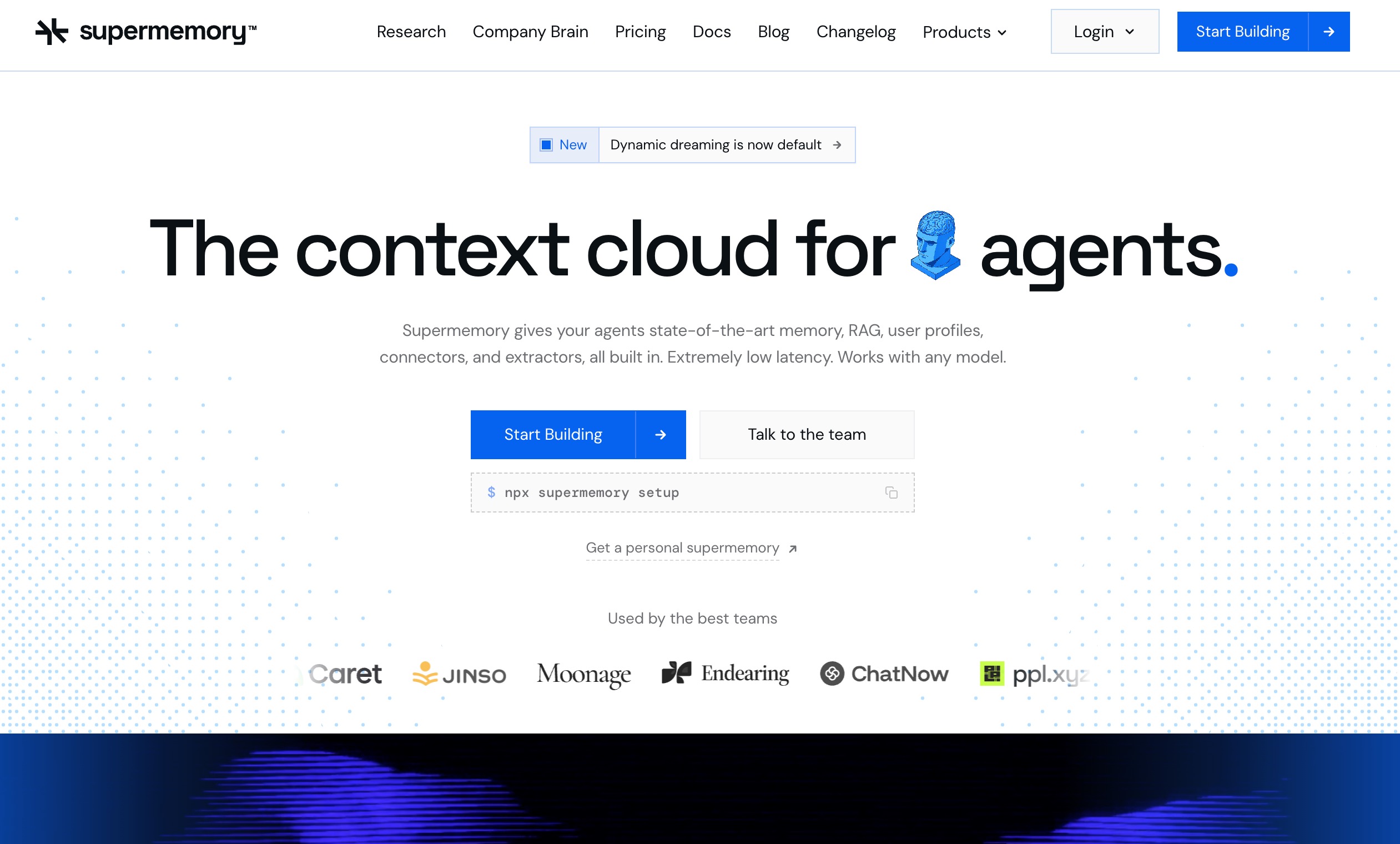 Supermemory homepage positioning a context cloud for agents