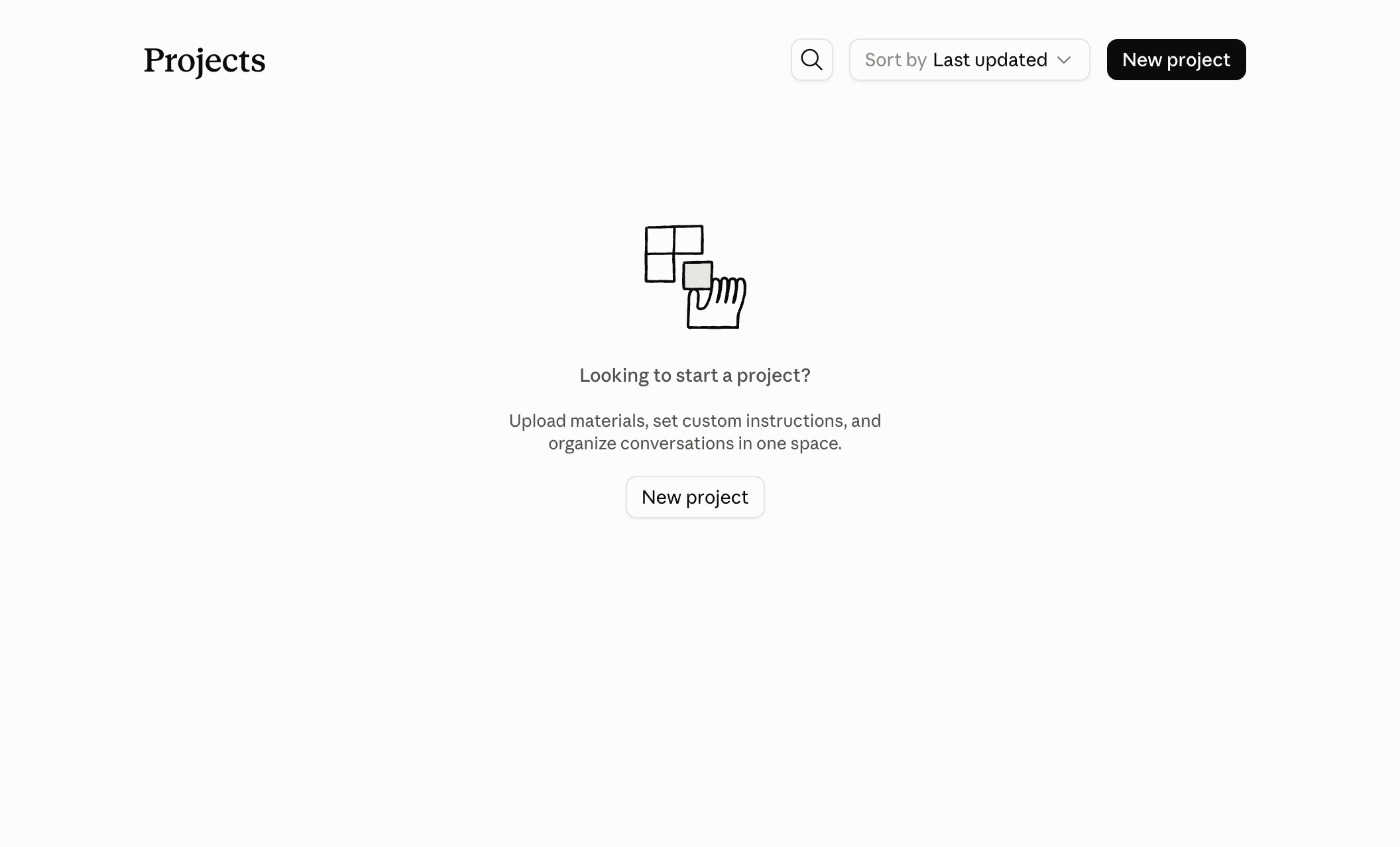 The Claude Projects screen with no projects created yet, offering to upload materials, set custom instructions and organise conversations in one space