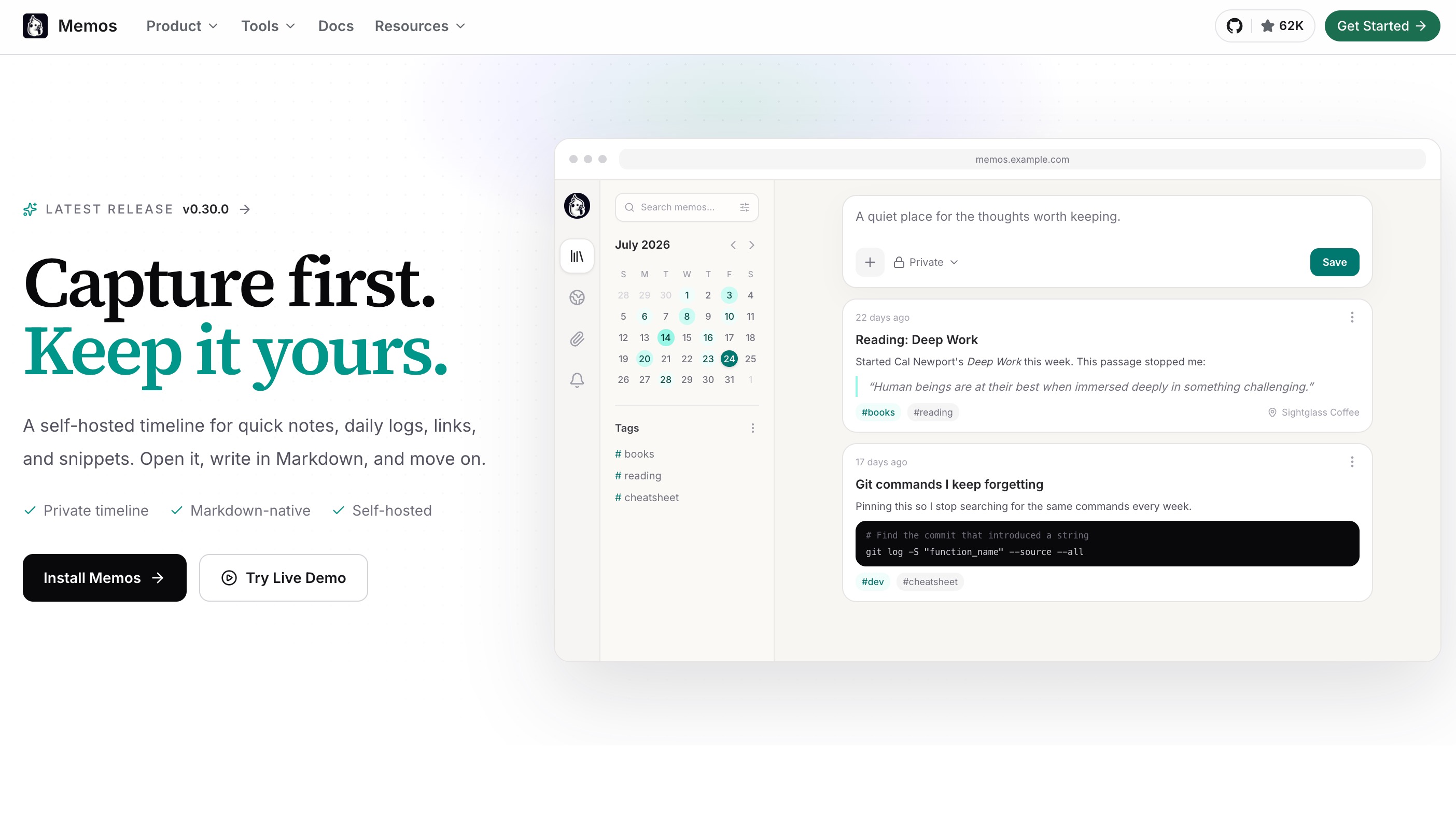 The Memos homepage: capture first, keep it yours, a self-hosted Markdown-native timeline for quick notes, daily logs, links and snippets