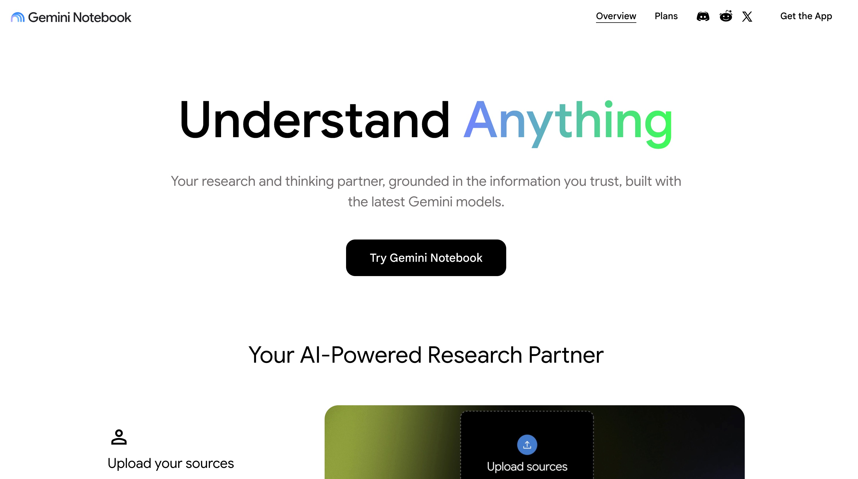 The Gemini Notebook homepage, the product formerly branded NotebookLM: Understand Anything, a research and thinking partner grounded in the information you trust and built with the latest Gemini models