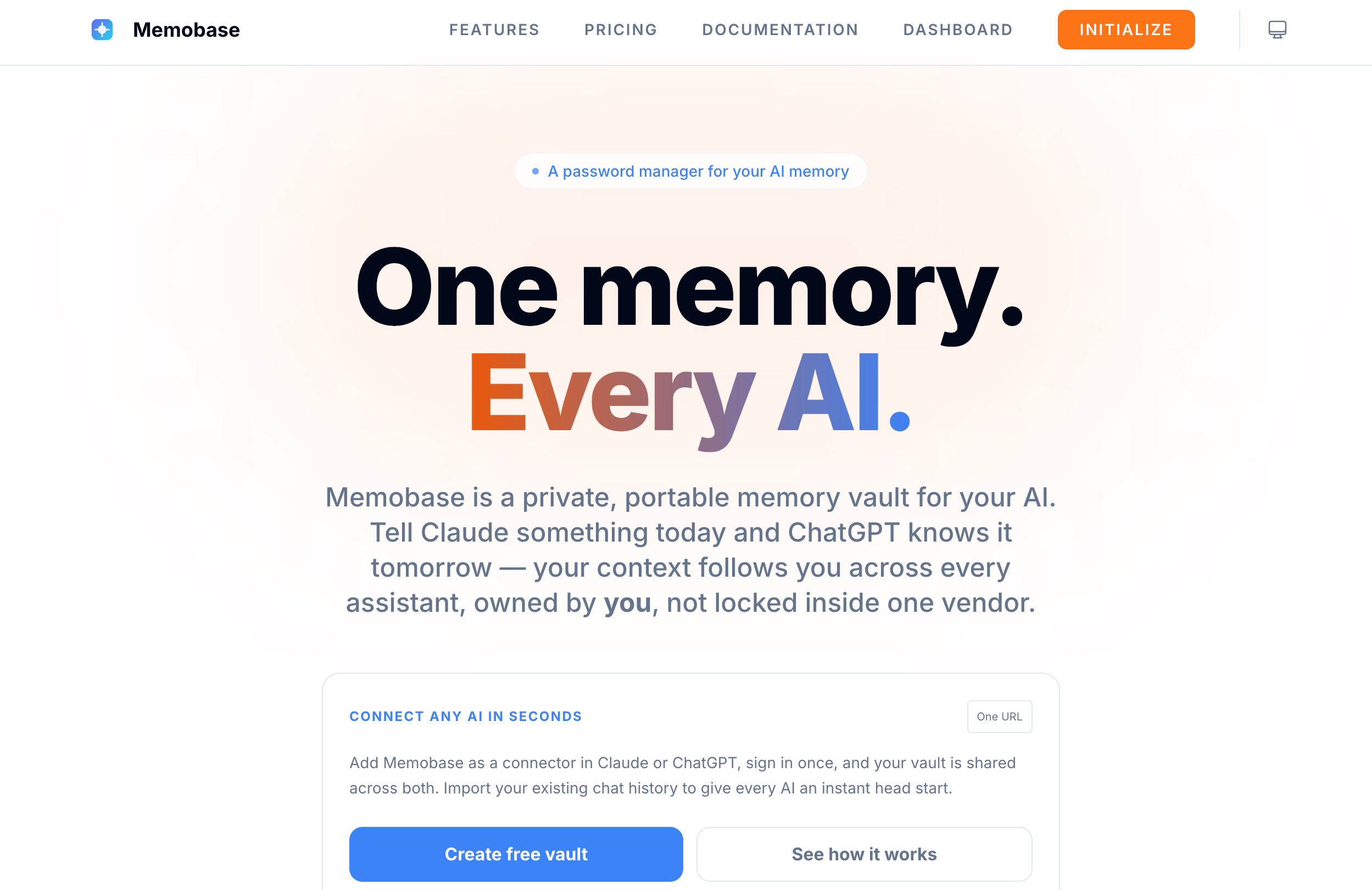 The Memobase homepage with the headline One memory, Every AI, describing a private portable memory vault shared between Claude and ChatGPT