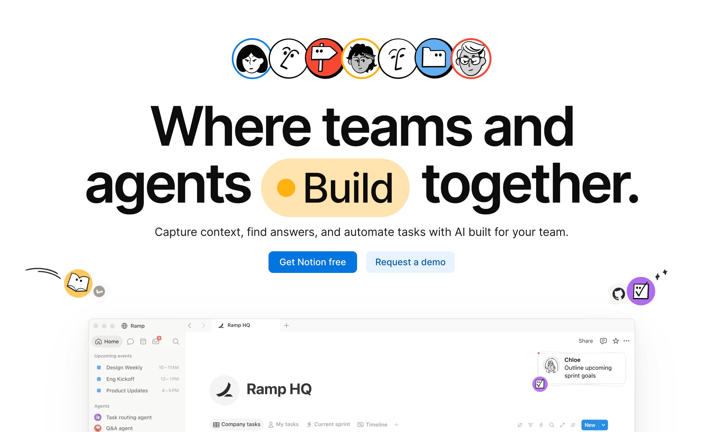 The Notion homepage: where teams and agents build together, capturing context, finding answers and automating tasks with AI built for the team