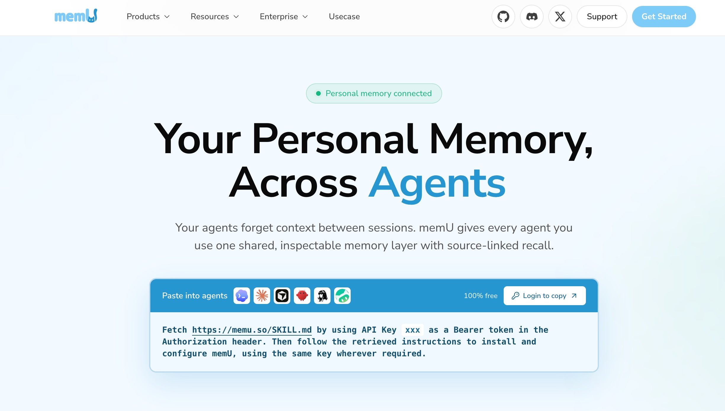 The memU homepage: your personal memory across agents, one shared inspectable memory layer with source-linked recall