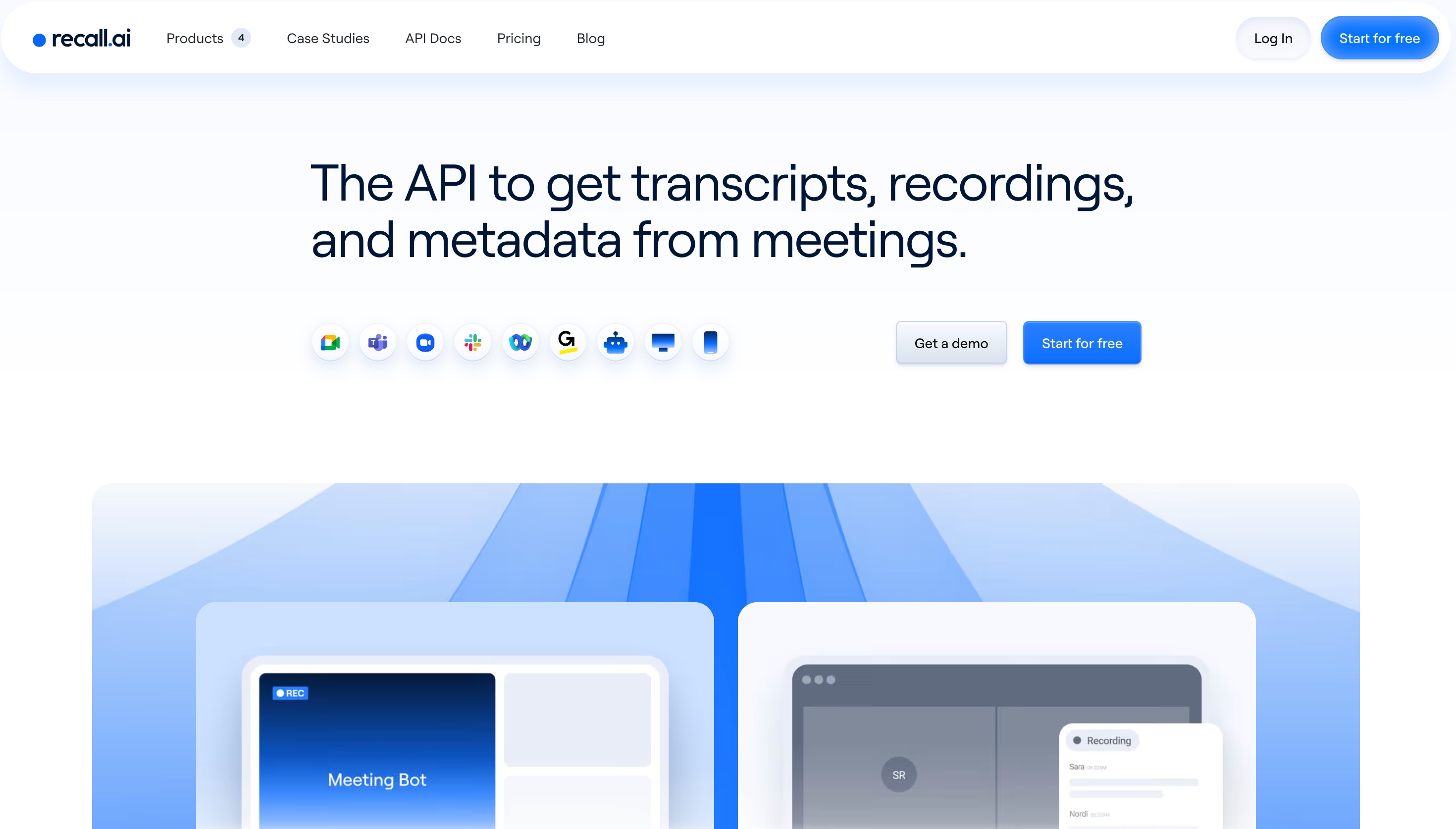 The Recall.ai homepage: an API for transcripts, recordings and metadata from meetings, with a meeting bot joining a call