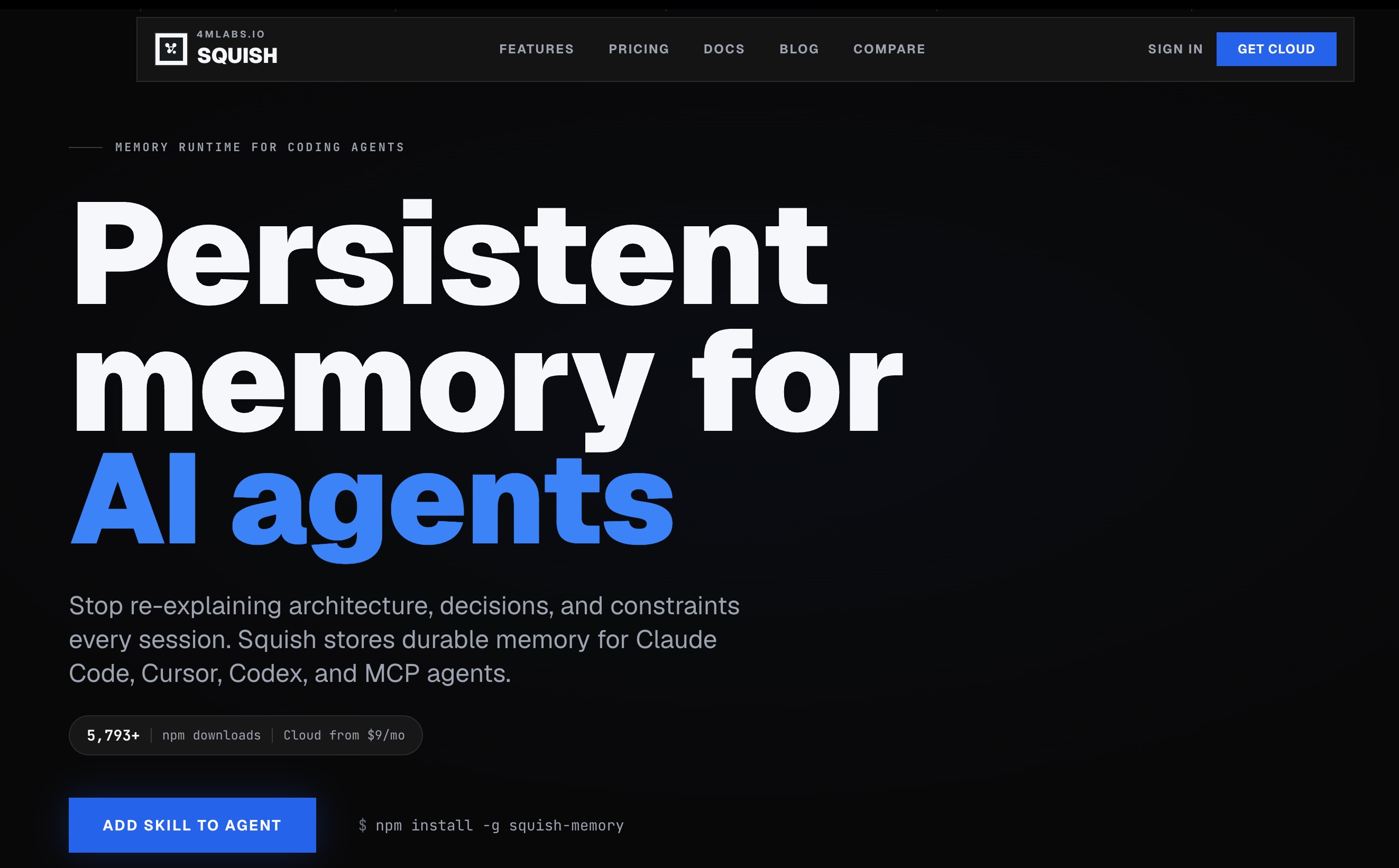 The Squish homepage: a memory runtime for coding agents, storing durable memory for Claude Code, Cursor, Codex and MCP agents