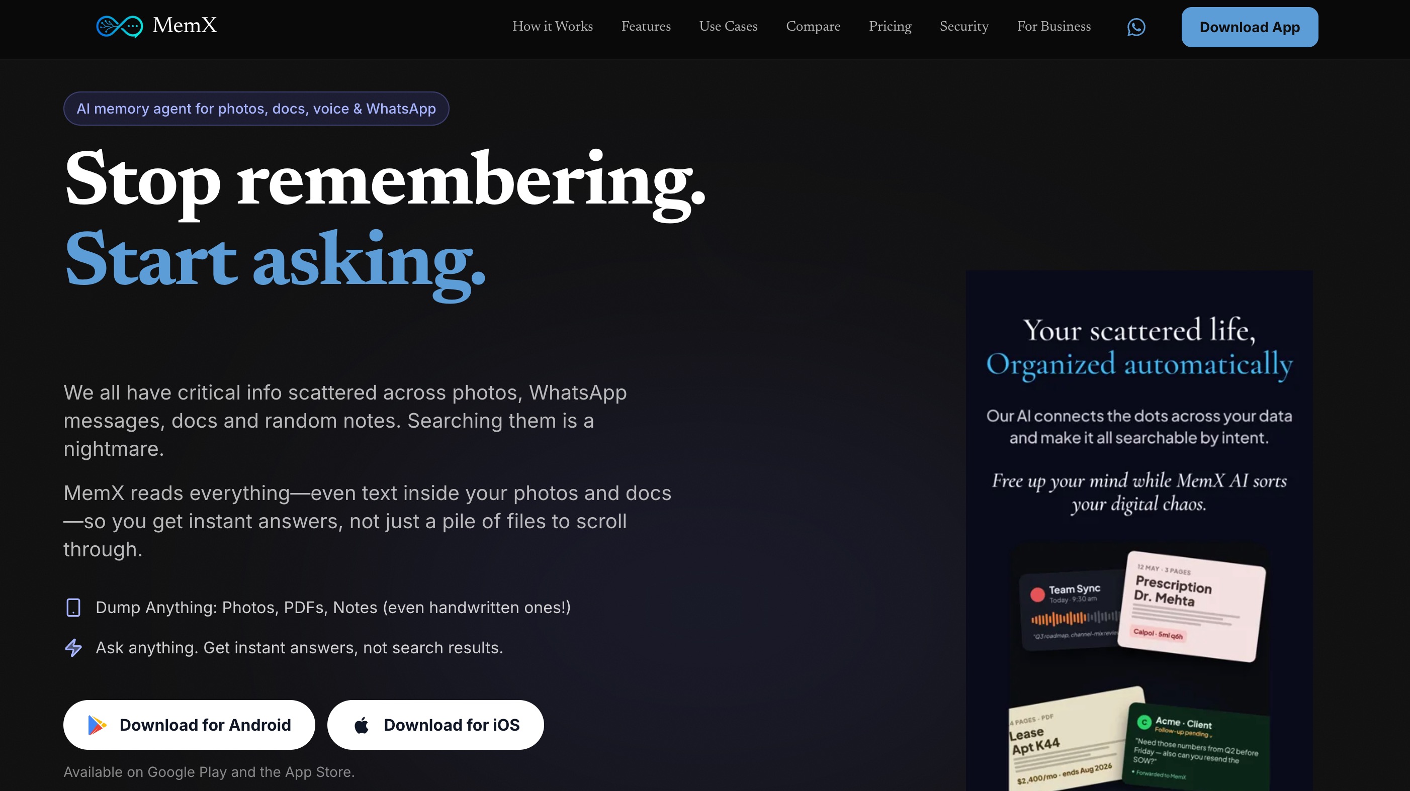 The MemX homepage: an AI memory agent for photos, docs, voice and WhatsApp that reads everything and answers instead of returning a pile of files