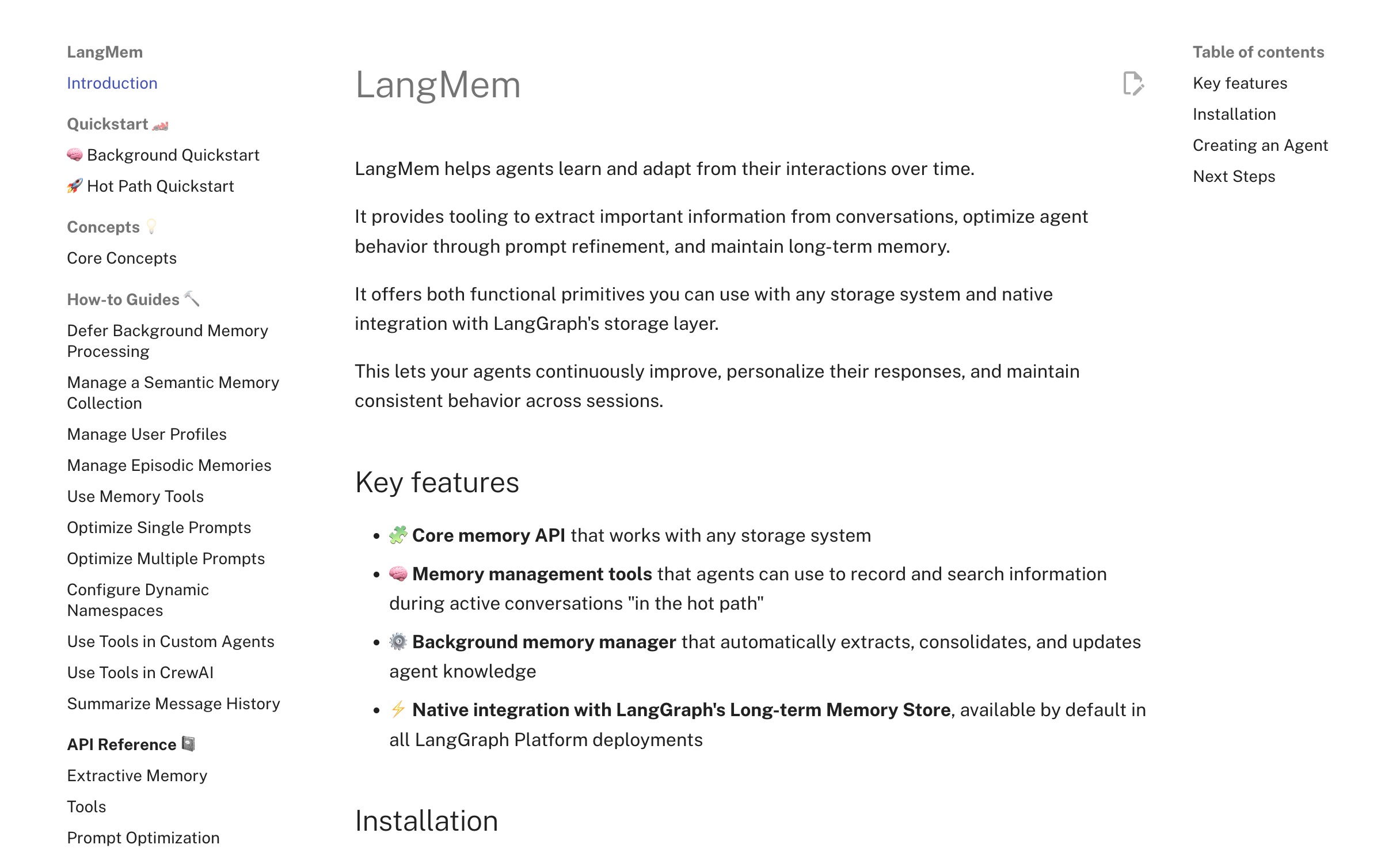 The LangMem documentation introduction, listing its core memory API, memory management tools and native integration with the LangGraph long-term memory store