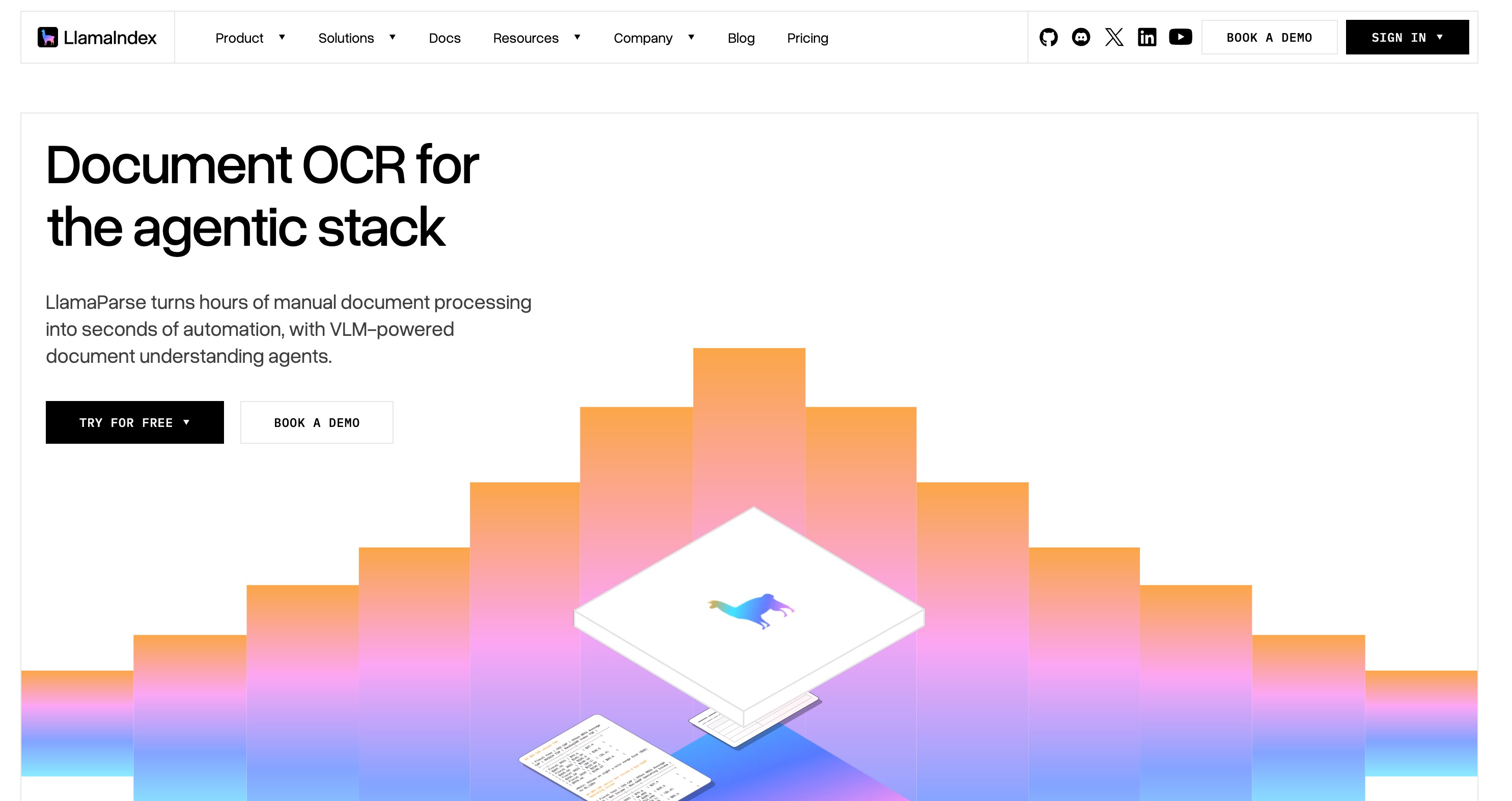 The LlamaIndex homepage for LlamaParse: document OCR for the agentic stack, turning manual document processing into VLM-powered understanding agents