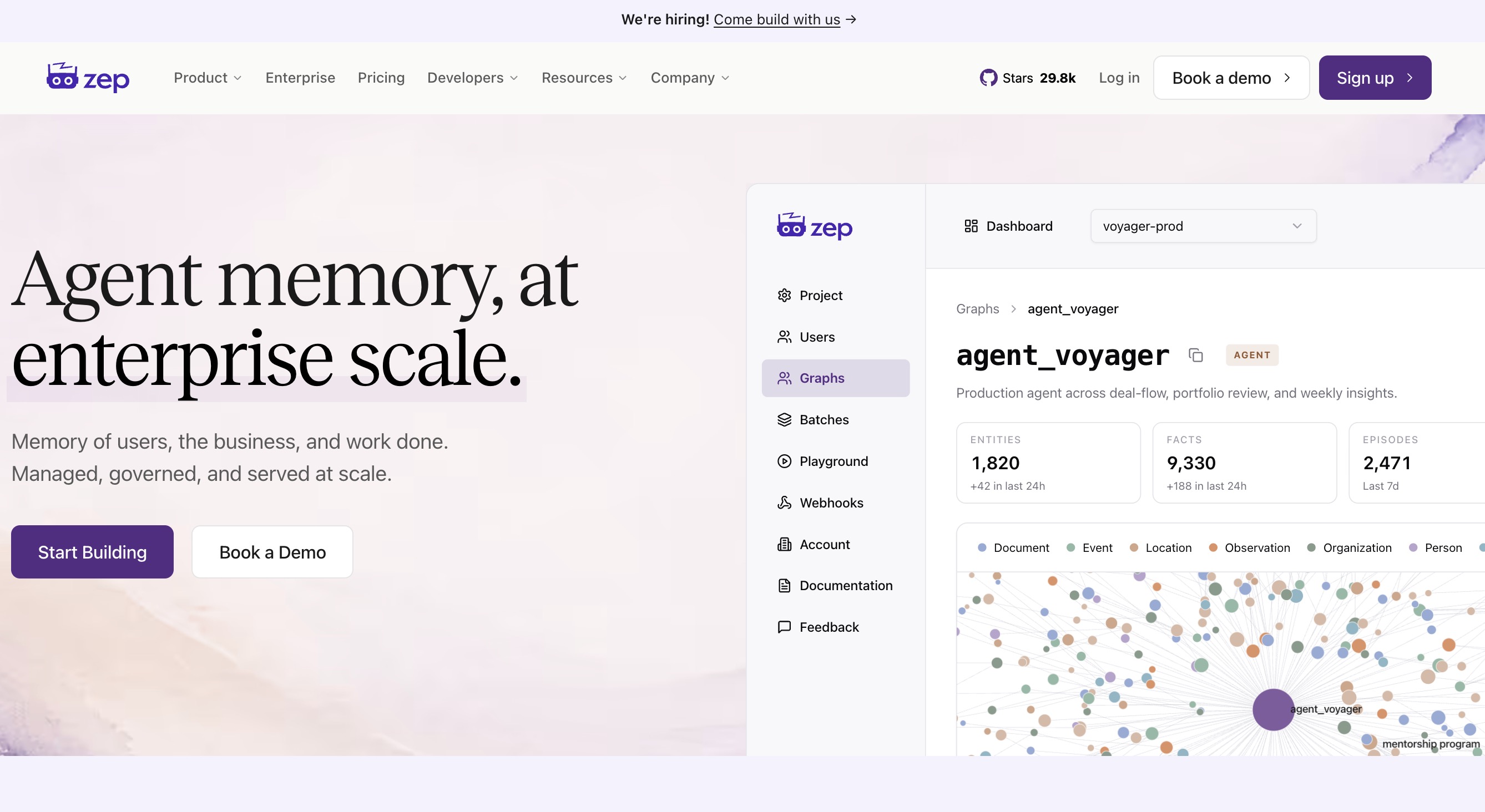 The Zep homepage: agent memory at enterprise scale, with a dashboard showing a knowledge graph of entities, facts and episodes for a production agent