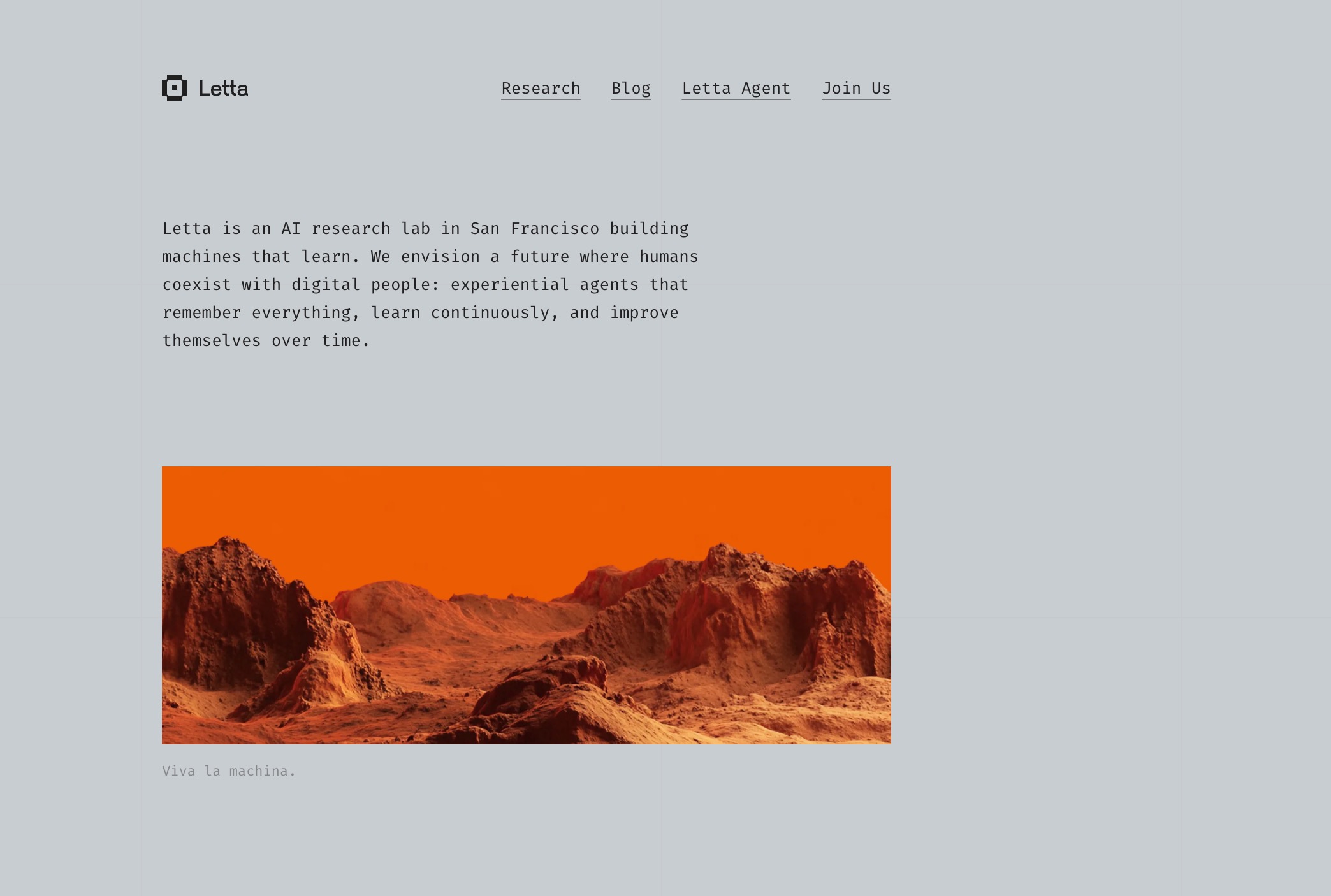The Letta homepage describing an AI research lab building experiential agents that remember and learn continuously, above an orange desert image