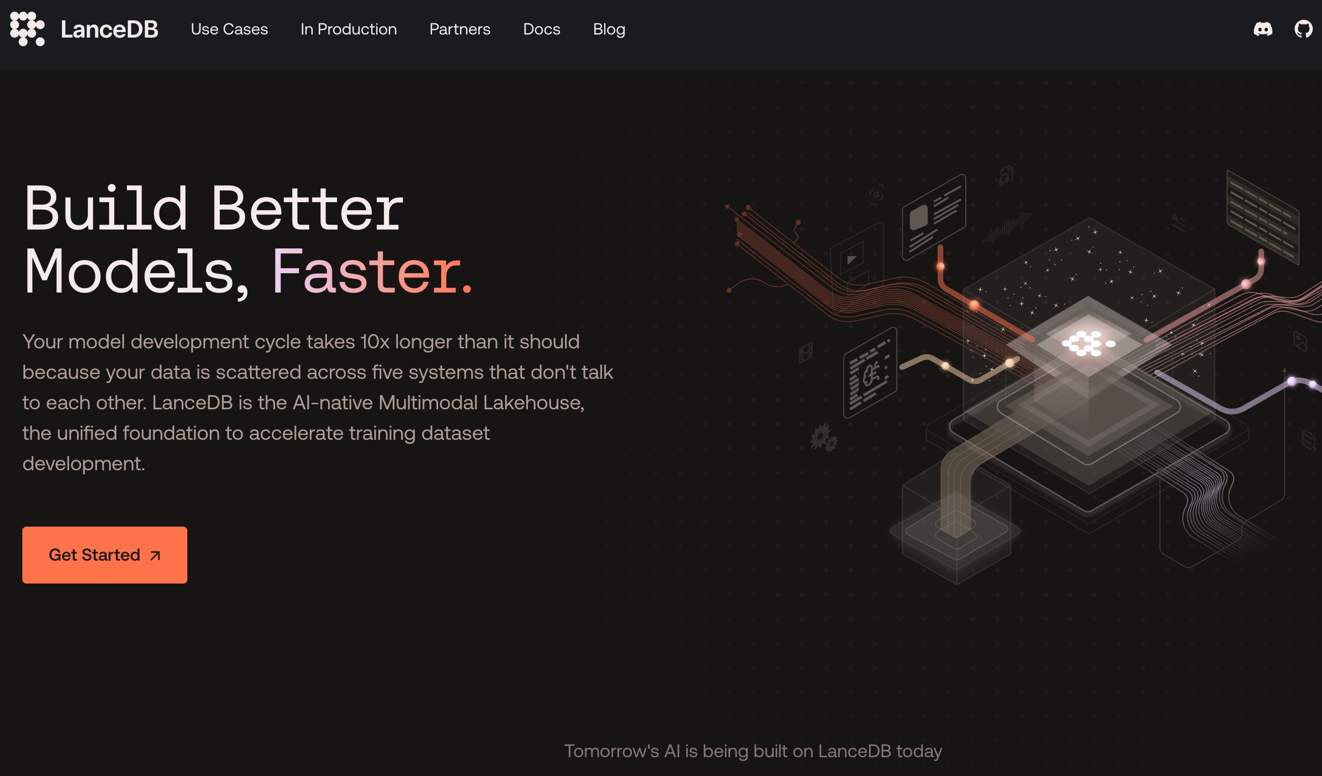 The LanceDB homepage: build better models, faster, pitching an AI-native multimodal lakehouse as the unified foundation for training dataset development