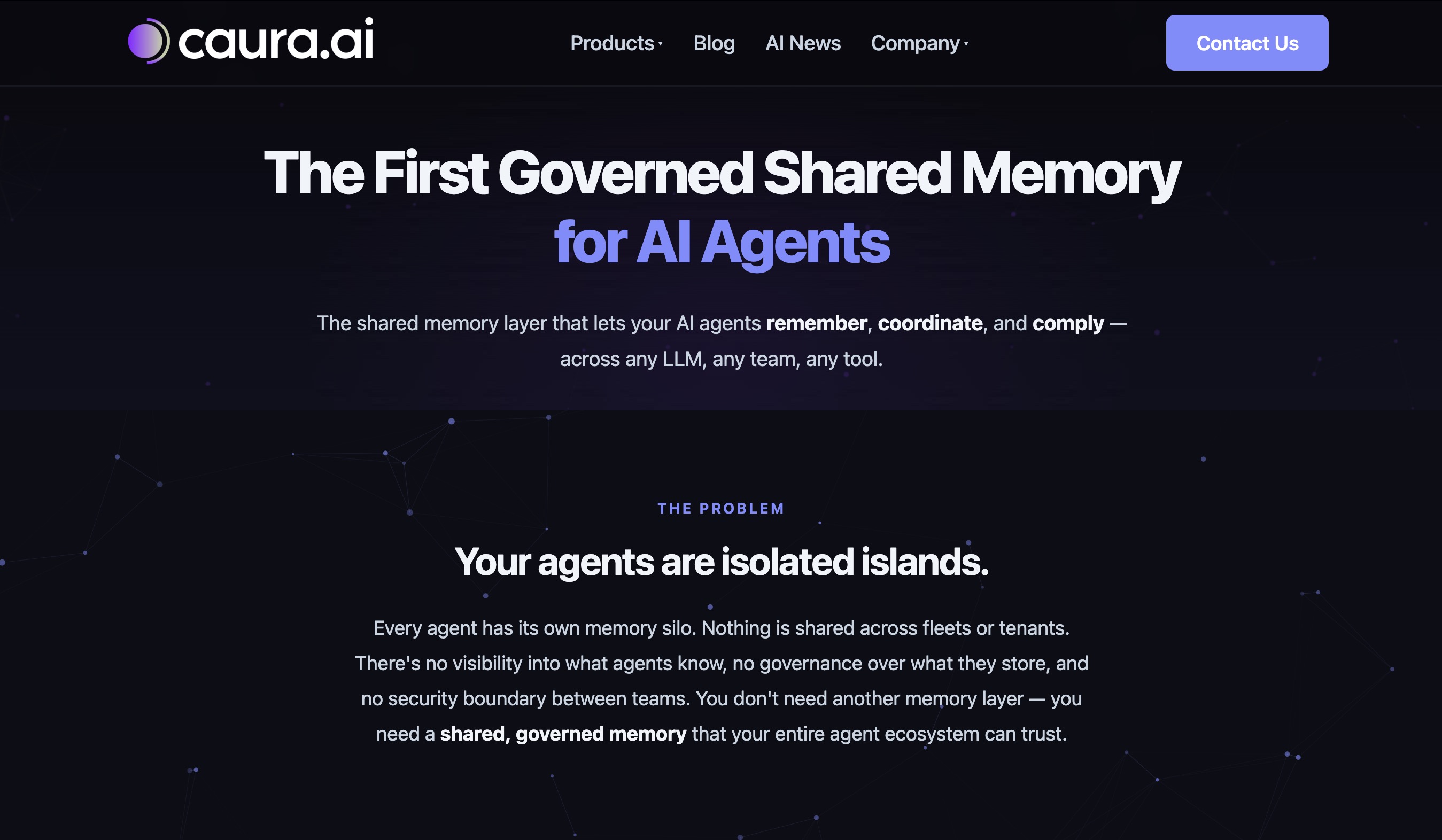 The Caura.ai homepage: governed shared memory for AI agents, letting them remember, coordinate and comply across any LLM, team or tool