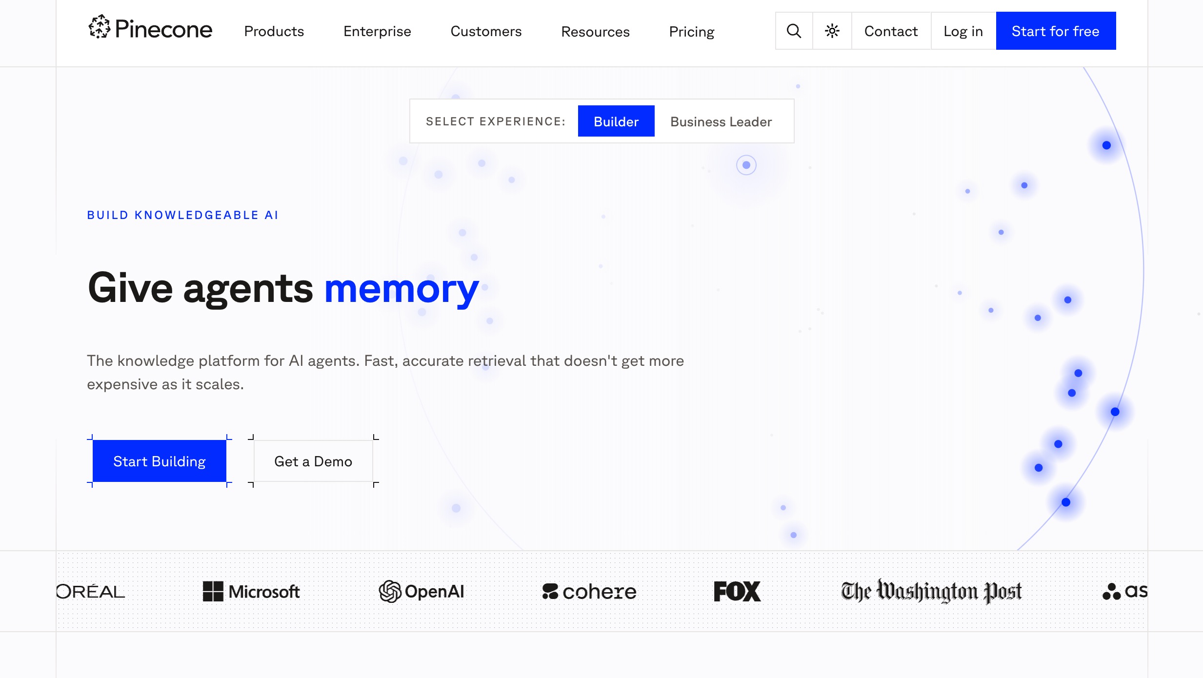 The Pinecone homepage: give agents memory, a knowledge platform for AI agents with retrieval that does not get more expensive as it scales