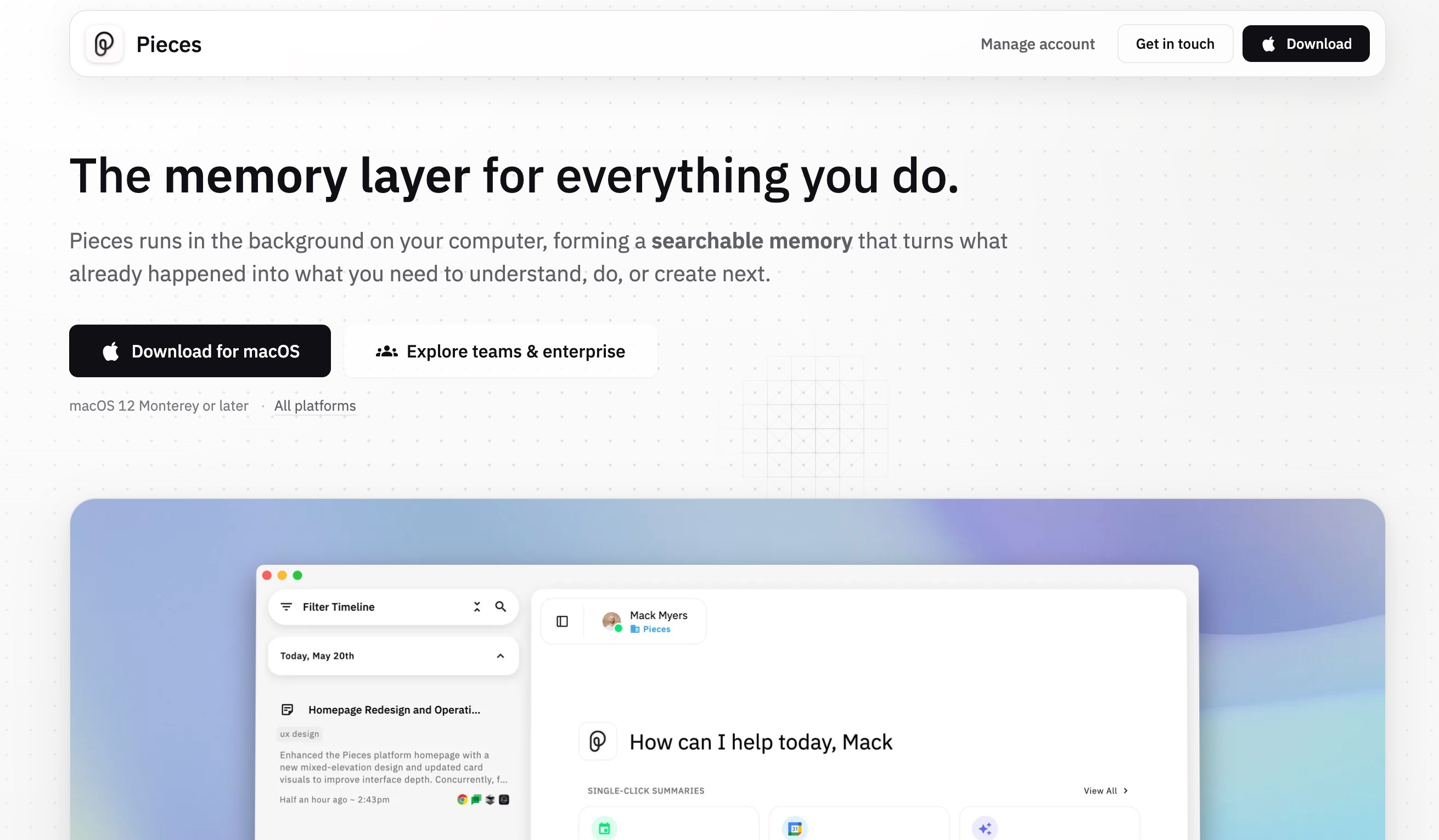 The Pieces homepage: a memory layer that runs in the background on your computer and forms a searchable memory of your work